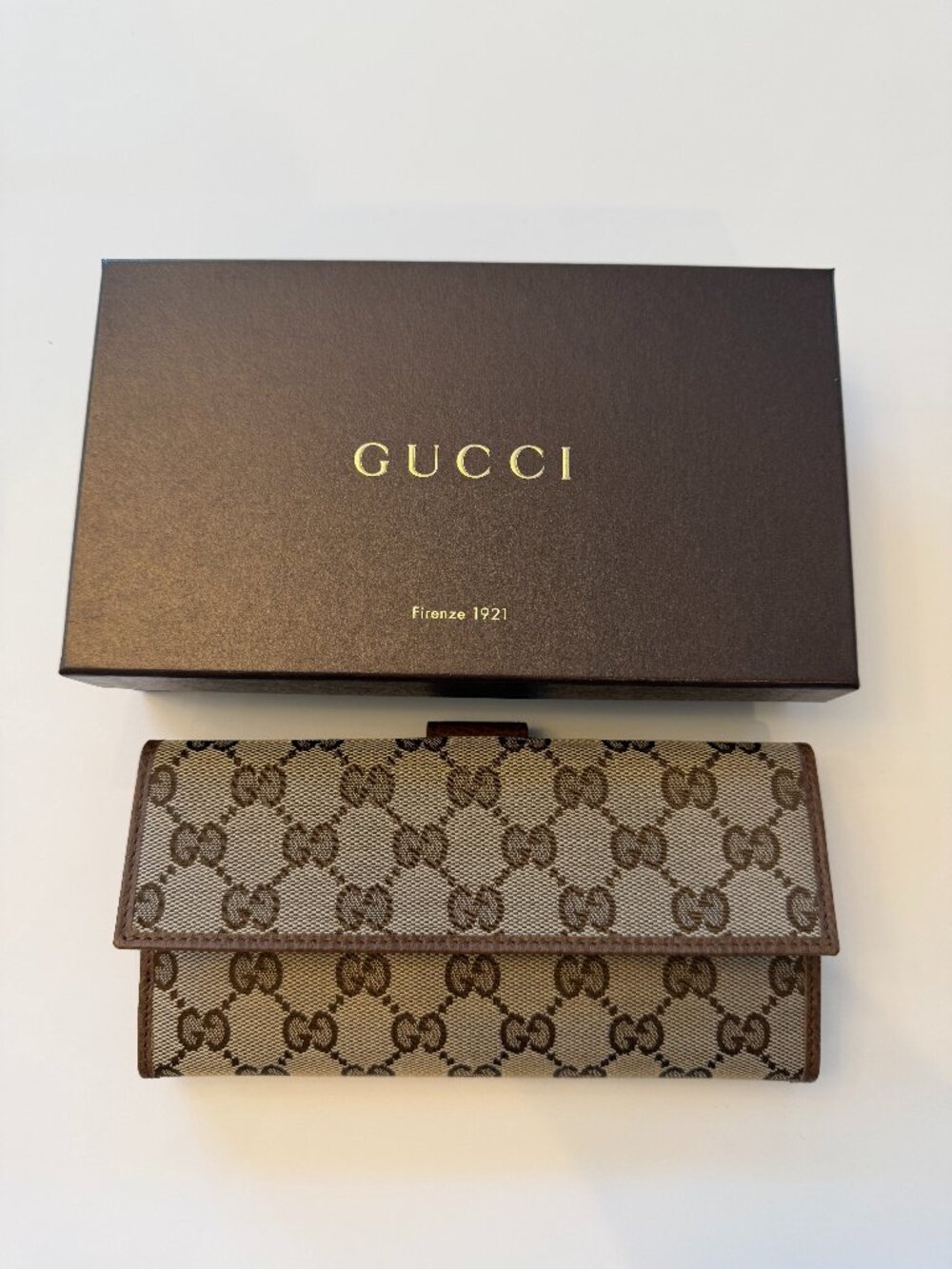 Gucci brown canvas leather GG Guccissimia long snap wallet NWOT